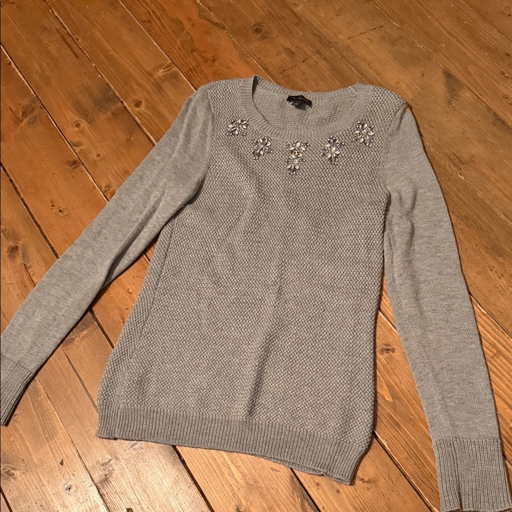 The Limited Light Gray Jeweled Crewneck Sweater